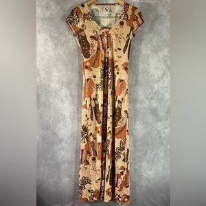 Vintage Joshua Tree Maxi Dress Womens Small Brown Beige Graphic 1970s *See Desc*